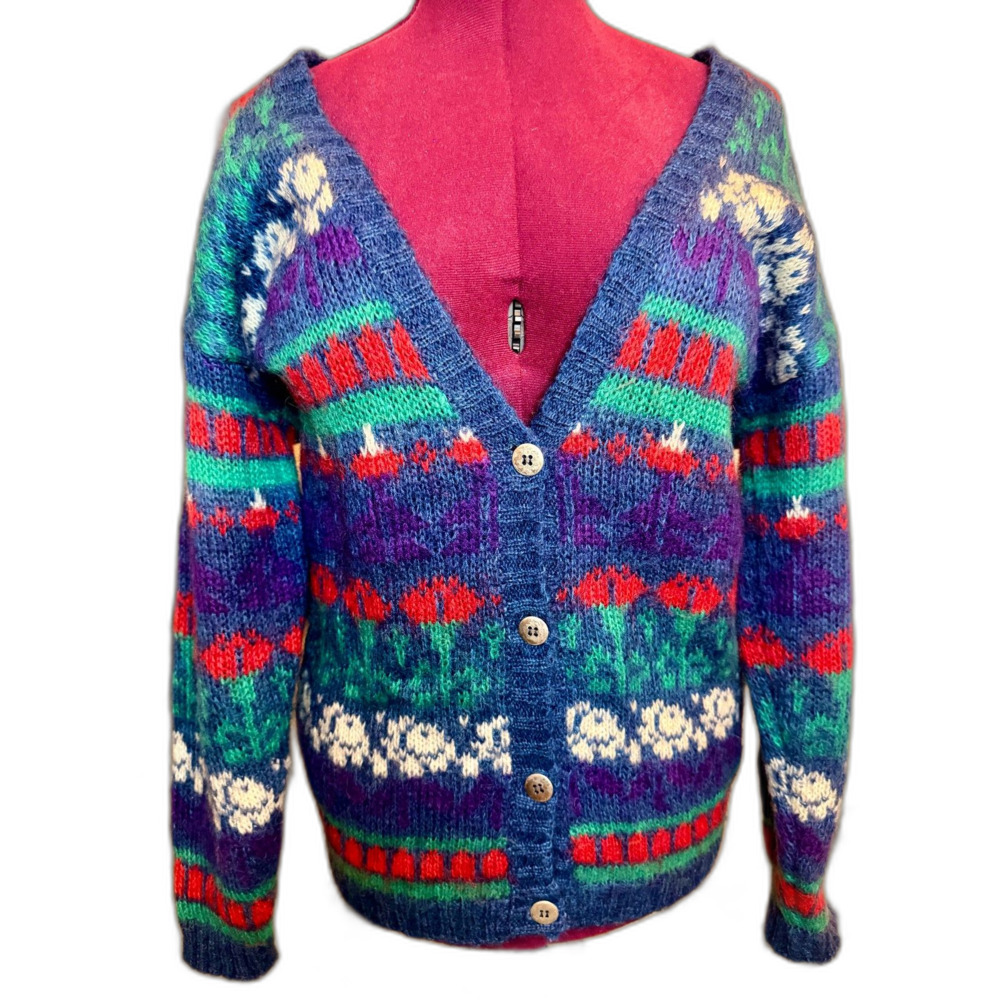 Colorful Mohair Fair Isle Floral Cardigan Sweater Knit Knit Size S Boho Cottage